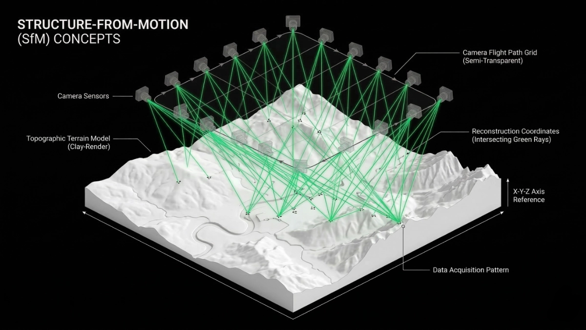 Principio de procesamiento y triangulación en Structure-from-Motion (SfM)