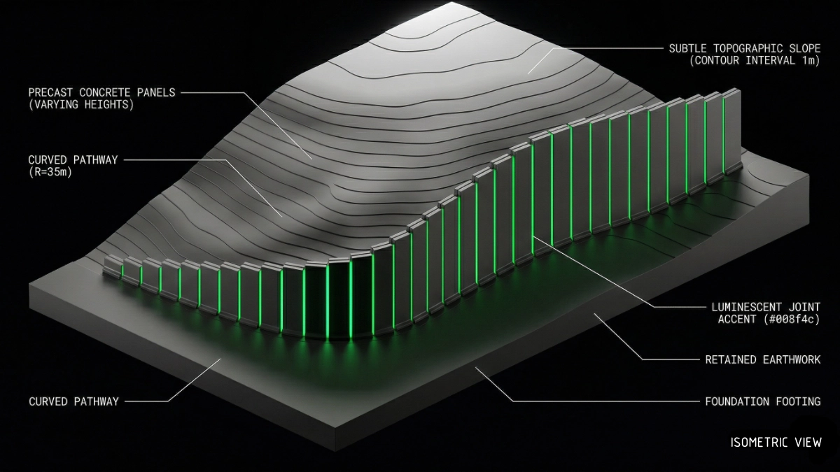 Muro MSE Full Height: distribución de paneles prefabricados a lo largo de un trazado curvo con alturas variables